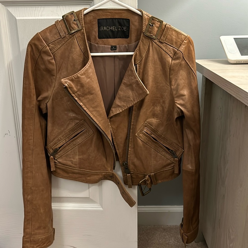 Rachel Zoe Cropped Leather Moto Jacket 2 Sandlewood